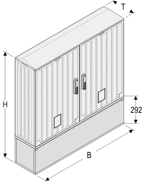 OSZ 53x2x60 + KP Kasten GFK mit Kurzsockel mit Trennwand, gerippt, Flachdach, 2-türig, 2 Sperren, BxHxT=1058x889x245
