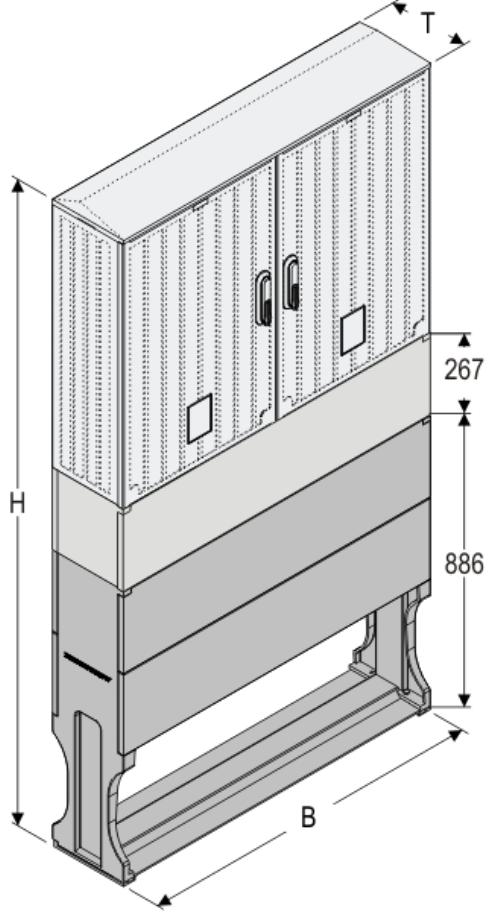 OSZ 53x2x80 + K + F Kasten GFK mit Kurzsockel + Sockel, gerippt, Flachdach, 2-türig, 2 Sperren, BxHxT=1058x1927x245
