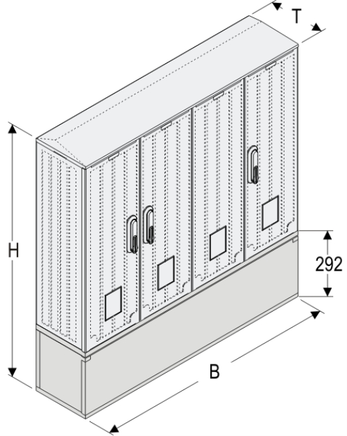 OSZ 26x2/53x60-2 + KP Kasten GFK mit Kurzsockel mit Trennwand, gerippt, Flachdach, 4-türig, 3 Sperren, BxHxT=1058x889x245