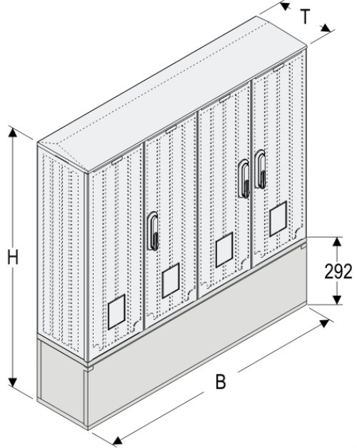 OSZ 53/2x26x40 + KP Kasten GFK mit Kurzsockel mit Trennwand, gerippt, Schrägdach, 4-türig, 3 Sperren, BxHxT=1058x709x245
