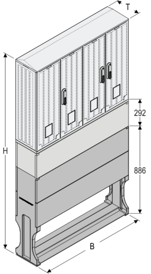 OSZ 53/2x26x80-2 + KP + F Kasten GFK mit Kurzsockel mit Trennwand + Sockel, gerippt, Schrägdach, 4-türig, 3 Sperren, BxHxT=1058x1972x245