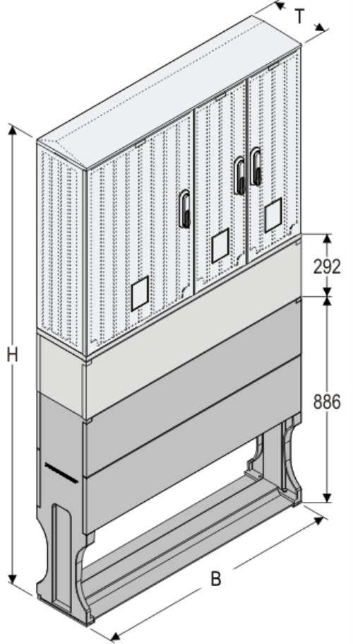 OSZ 53/2x26x80 + KP + F Kasten GFK mit  Kurzsockel mit Trennwand + Sockel, gerippt, Flachdach, 3-türig, 3 Sperren, BxHxT=1058x1952x245