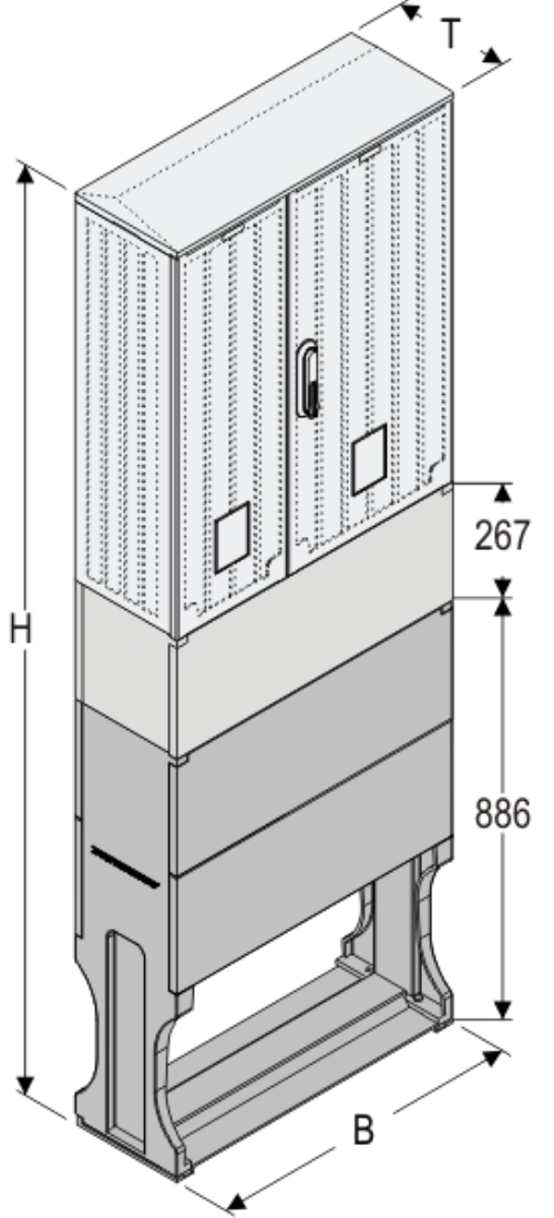 OSZi 66x80 K + F Kasten GFK mit Kurzsockel + Sockel + Isolierstützer, gerippt, Schrägdach, 2-türig, 1 Sperre, BxHxT=660x1947x245