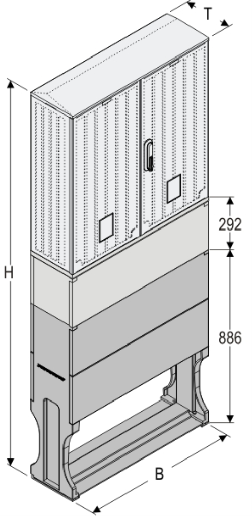OSZi 80x80 KP + F Kasten GFK mit Kurzsockel mit Trennwand + Sockel + Isolierstützer, gerippt, Schrägdach, 2-türig, 1 Sperre, BxHxT=795x1972x245