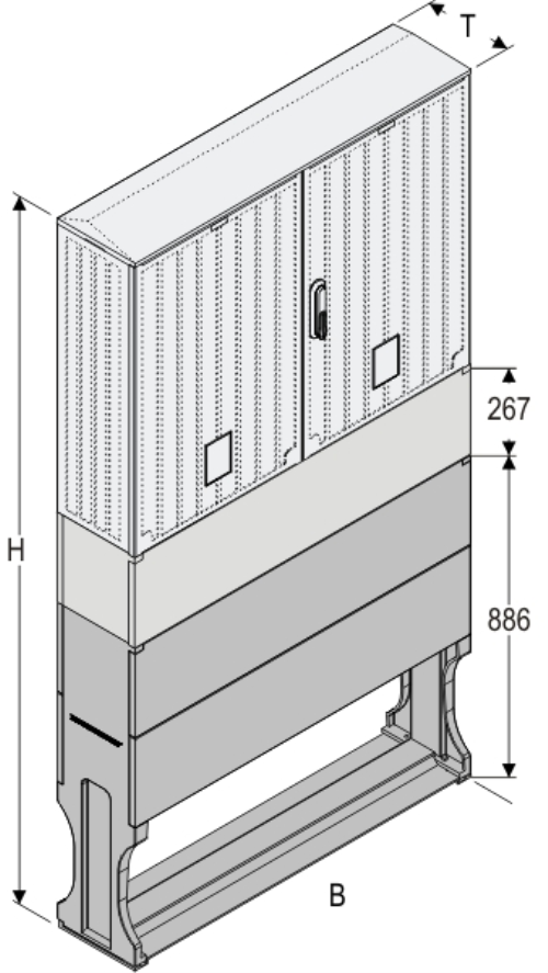 OSZi 106x80 K + F Kasten GFK mit Kurzsockel + Sockel + Isolierstützer, gerippt, Flachdach, 2-türig, 1 Sperre, BxHxT=1058x1927x245