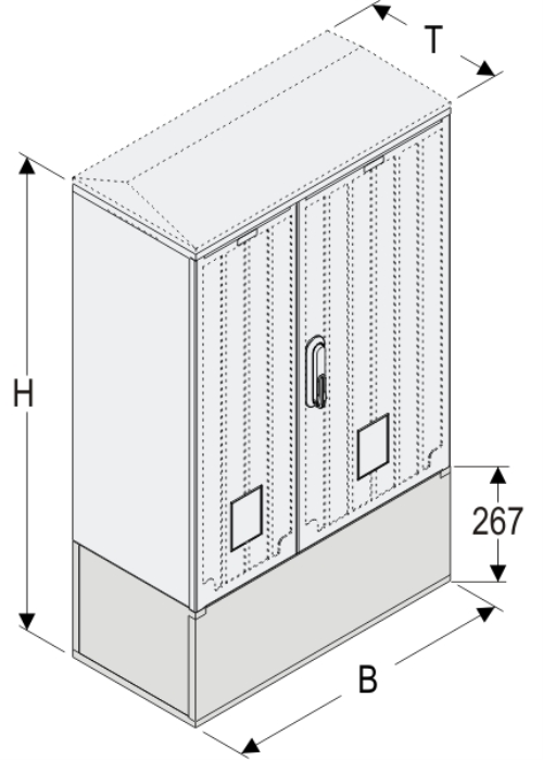 KSZi+KK 66 x 80 Kasten GFK + Kurzsockel + Isolierstützer, gerippt, Schrägdach, 2-türig, 1 Sperre, BxHxT=660x1108x320