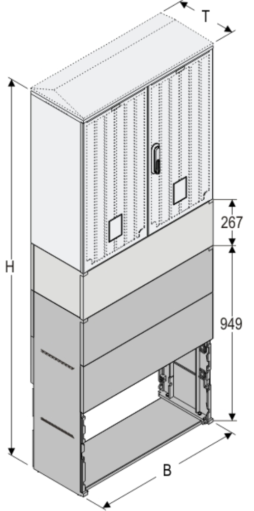 KSZi+KK+KF 80 x 80 Kasten GFK + Kurzsockel + Sockel + Isolierstützer, gerippt, Schrägdach, 2-türig, 1 Sperre, BxHxT=795x2031x320