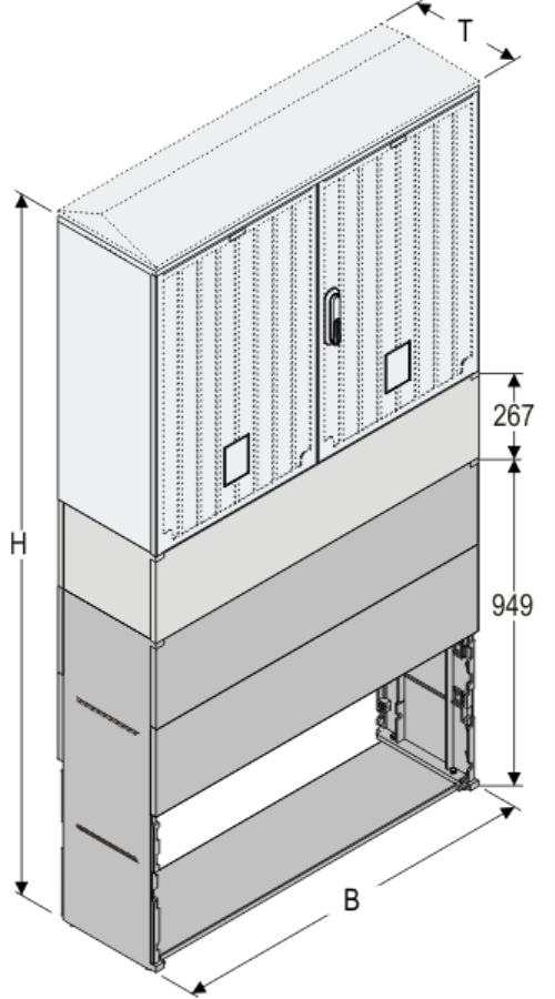 KSZi+KK+KF 106 x 80 Kasten GFK + Kurzsockel + Sockel + Isolierstützer, gerippt, Schrägdach, 2-türig, 1 Sperre, BxHxT=1058x2031x320