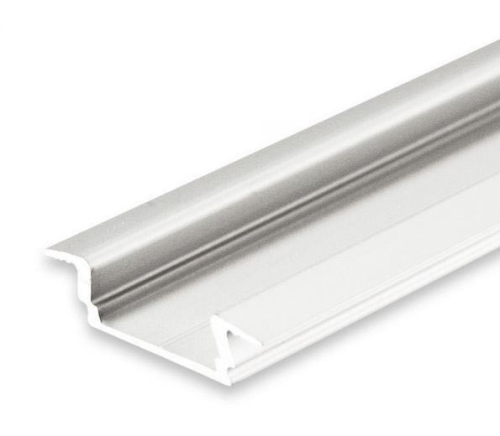PL8 / Klasse1 Einbau Aluprofil flach für LED-Flex; Außenmaß inkl. Flügel BxH: 23,07x5,91mm; Einbaumaß BxH: 16,8x4,8mm; Innenmaß BxH: 12,4x5,11mm; (für LED Bänder mit max. 12mm Breite) in Stange zu 2m