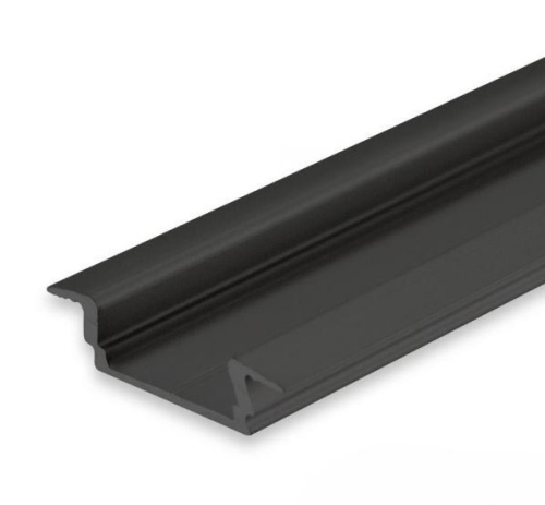 PL8 schwarz / Klasse1 Einbau Aluprofil flach schwarz RAL9005 für LED-Flex; Außenmaß inkl. Flügel BxH: 23,07x5,91mm; Einbaumaß BxH: 16,8x4,8mm; Innenmaß BxH: 12,4x5,11mm; (für LED Bänder mit max. 12mm Breite) in Stange zu 2m