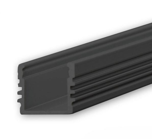 PL2 schwarz / Klasse1 Aluprofil hoch schwarz RAL9005 für LED-Flex; Außenmaß BxH: 16,8x13,01mm; Innenmaß BxH: 12,4x13mm; (für LED Bänder mit max. 12mm Breite) in Stange zu 2m
