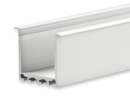 Klasse10 Einbau Aluprofil hoch für LED-Flex; Außenmaß inkl. Flügel BxH: 33,84x26,00mm; Einbaumaß BxH: 26,79x25,00mm; Innenmaß BxH: 23,50x25,00mm; (für LED Bänder mit max. 23mm Breite) in Stange zu 2m