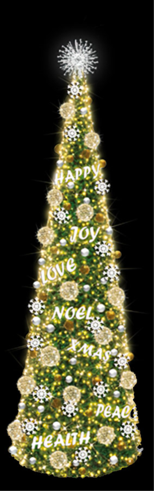 LED 3D-Figur Christbaum "Geist der Weihnacht" Gold / Silber | H: 730cm | d: 280cm | 24V | 296W | warmweiß - Stern eisweiss | inkl. Netzteil | IP44 |