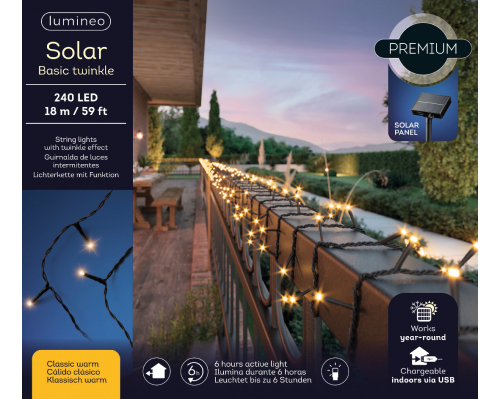 ABVERKAUF: LED-Lichterkette "SOLAR" | 18 Meter | 240 LEDs | warmweiß | Kabelfarbe: Schwarz | IP44 | inkl.Twinkle Effekt mit 8 Funktionen |