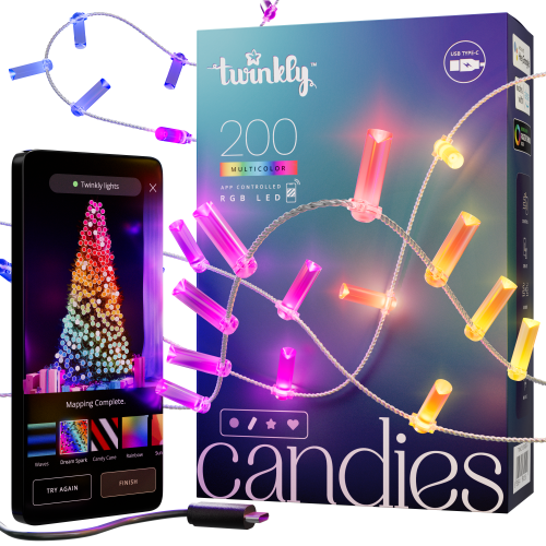 Twinkly Lichterkette Candies Candles RGB 200 | Länge:12m | Anschlußleitung: 2,0m | IP20 | Kabel: grün |  mit APP steuerbar | Bluetooth+WiFi | Anschluss: USB-C (Netzteil nicht enthalten) |