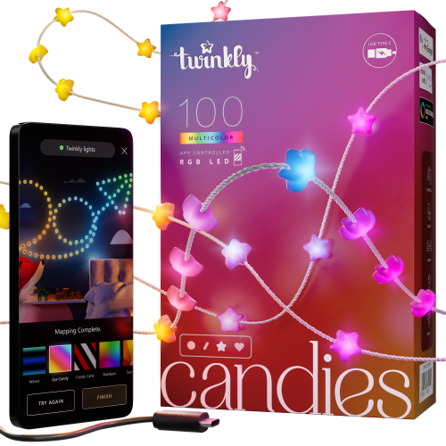 Twinkly Lichterkette Candies Stars RGB 200 | Länge:12m | Anschlußleitung: 2,0m | IP20 | Kabel: grün |  mit APP steuerbar | Bluetooth+WiFi | Anschluss: USB-C (Netzteil nicht enthalten) |