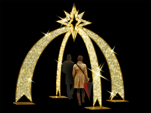 2D-Standmotive "Ithaca" Gold | Torbogen Sternschnuppe | 480 LEDs - davon 96 blinkend | 27W | 24V | H: 360cm | Breite: 415cm | Tiefe: 5cm | warmweiß | inkl. Netzteil & Standfüße | IP44